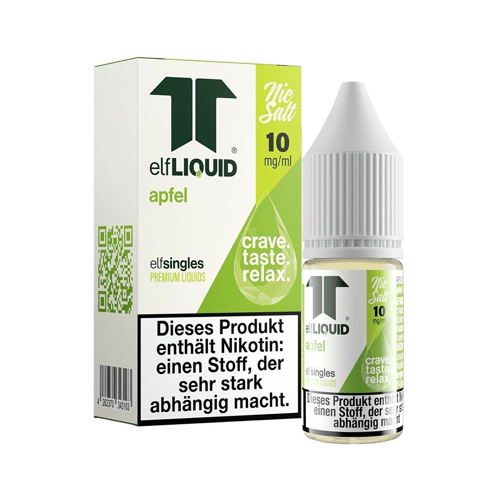 Elf Liquid Nikotinsalz - Apfel 10mg Verpackung und Flasche von elf Liquid Nikotinsalz Apfel 10mg, grünes Design mit Text: "crave. taste. relax.", Nikotin-Warnhinweis unten.