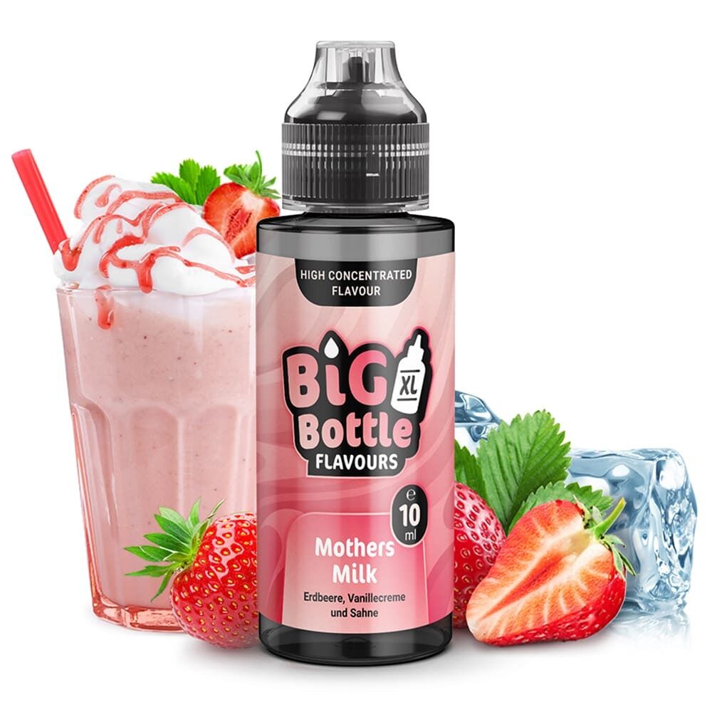 Aroma Mothers Milk von Big Bottle Flavours Flasche mit Big Bottle Flavours Aroma Mothers Milk vor Erdbeeren, einem Glas Erdbeermilchshake und Eiswürfeln