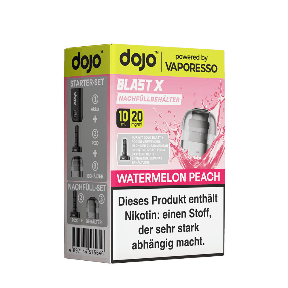 Vaporesso Dojo Blast X Pods - 20mg Nikotinsalz Verpackung von Vaporesso Dojo Blast X Pods mit Watermelon Peach 20mg Geschmack, enthält Warnhinweis zu Nikotinabhängigkeit.