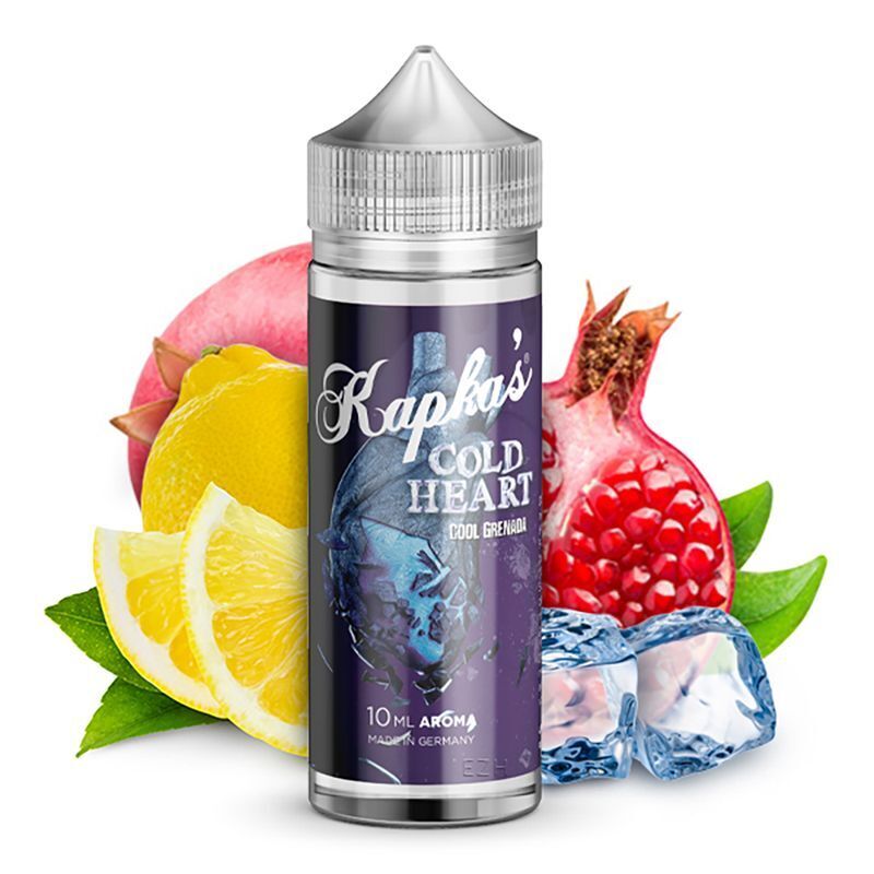 Aroma Cold Heart von Kapkas Flasche Kapkas Aroma Cold Heart, umgeben von frischer Zitrone, Granatapfelhälften und Eiswürfeln, mit violettem Etikett und Schraubverschluss.