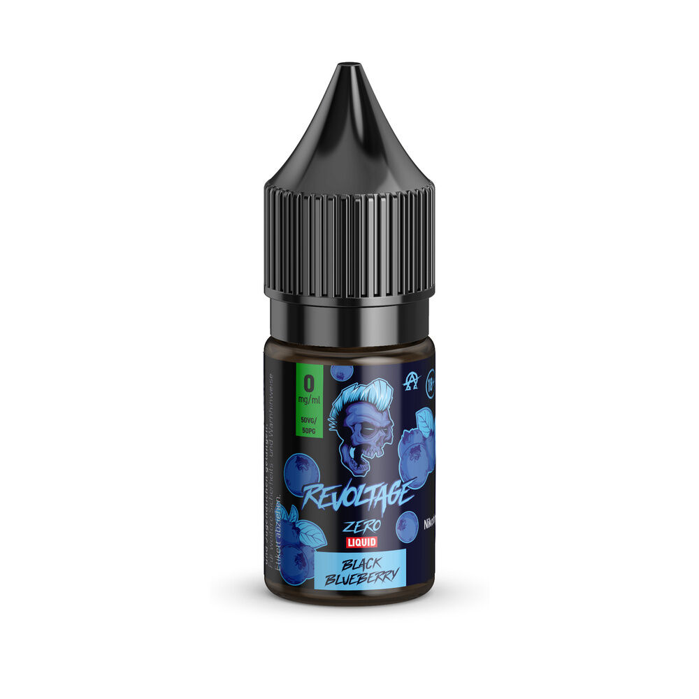 revoltage-hybrid-liquid-black-blueberry-0mg_2 Flasche Revoltage Hybrid Liquid Black Blueberry mit schwarzer Kappe, Etikett in Blau und Schwarz, 0mg Nikotin, Schädel-Design und Blaubeeren.