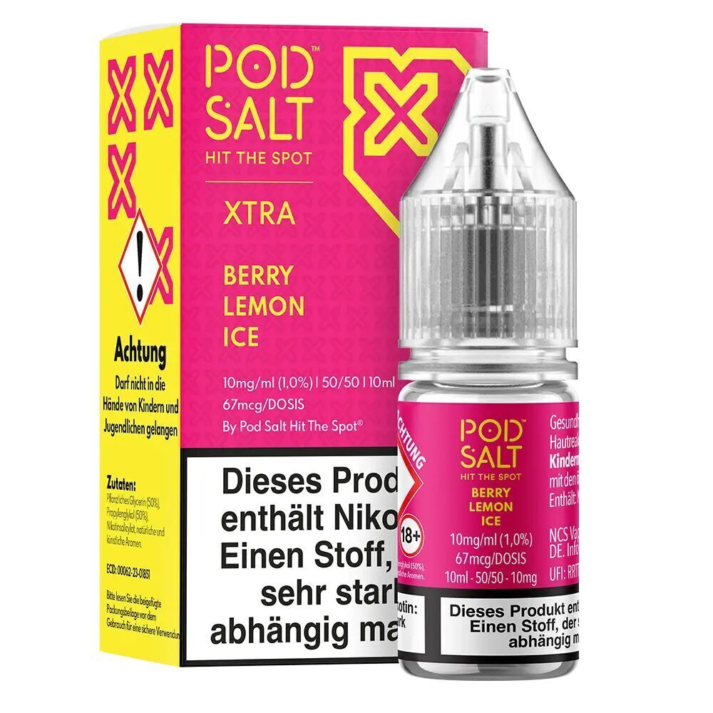Liquid Berry Lemon Ice von Pod Salt Xtra Pod Salt Xtra Nikotinsalz Berry Lemon Ice 10mg, gelb-pinke Verpackung und transparente Flasche mit Warnhinweisen.