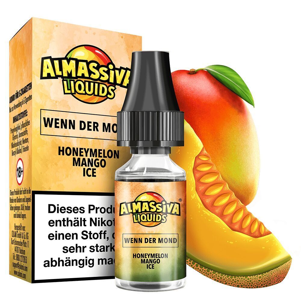 Liquid Wenn der Mond von Al Massiva Al Massiva Nikotinsalz-Flasche "Wenn der Mond", neben Verpackung mit Honigmelone-Mango-Eis-Design, sichtbar sind eine Frucht und der Logo-Schriftzug.