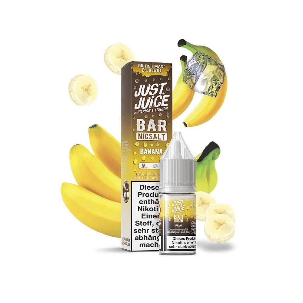 Liquid Banana 10mg - Just Juice E-Liquid-Flasche und Verpackung von Just Juice NicSalt Banana, umgeben von Bananen und einem Eiswürfel im Hintergrund.