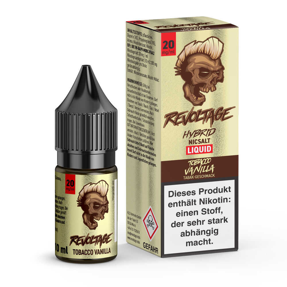 Flasche und Verpackung von Revoltage Tobacco Hybrid Liquid Vanilla 20mg, etikettiert mit Totenkopf-Design und Nikotin-Warnhinweis.