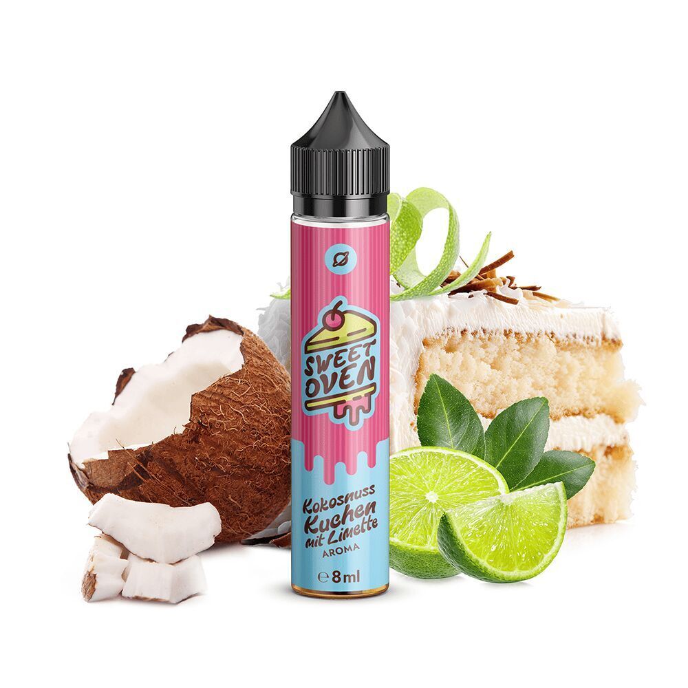 Aroma Kokosnusskuchen mit Limette von Flavorverse Flasche Flavorverse Aroma Kokosnusskuchen mit Limette vor Kokosnuss, Limetten und Kuchenstück, Etikett mit „Sweet Oven“-Design.