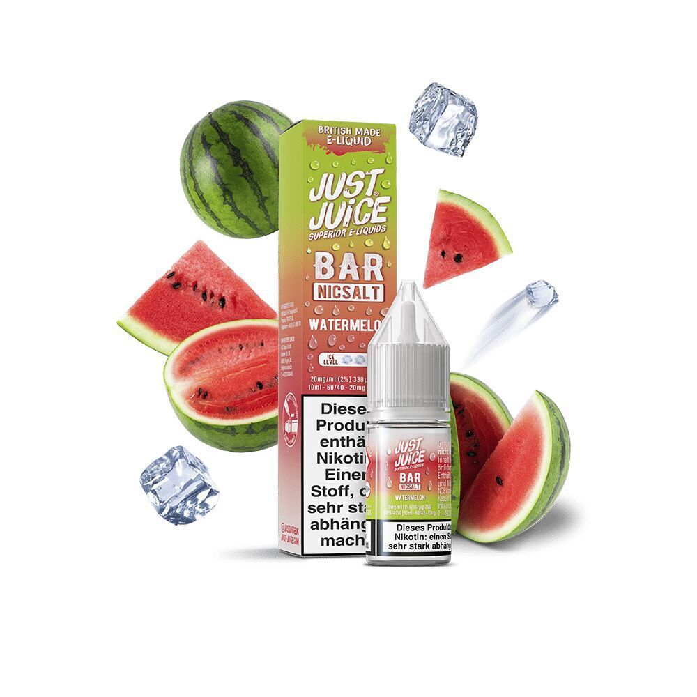 Liquid Watermelon 10mg - Just Juice Just Juice Nikotinsalz Watermelon E-Liquid Flasche und Verpackung, umgeben von frischen Wassermelonenstücken und Eiswürfeln.