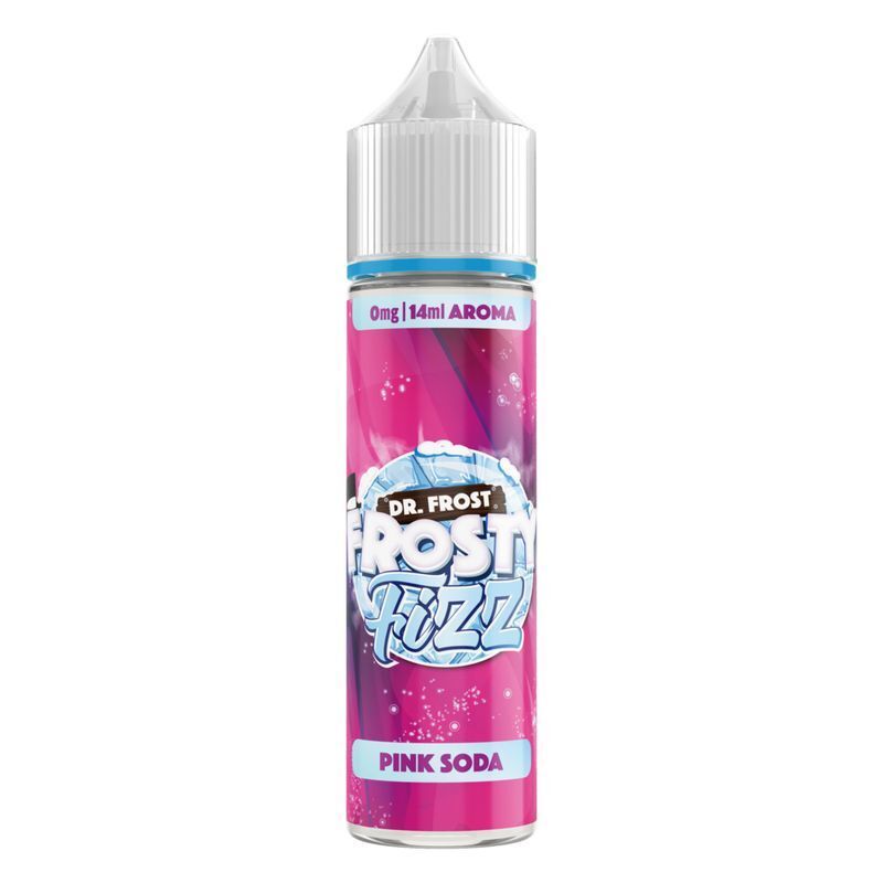 Aroma Pink Soda von Dr. Frost Dr. Frost Aroma Pink Soda Flasche mit blauem und weißem Logo auf einem pinkfarbenen Hintergrund, 14 ml, 0 mg.