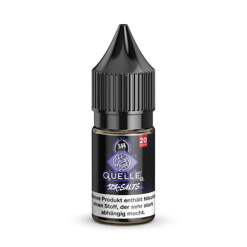 187 Strassenbande Liquid - Quelle 20mg 187 Strassenbande Liquid Flasche mit Quelle-Design, schwarzer Verschluss, 20mg Nikotin, Warnhinweis unten sichtbar.