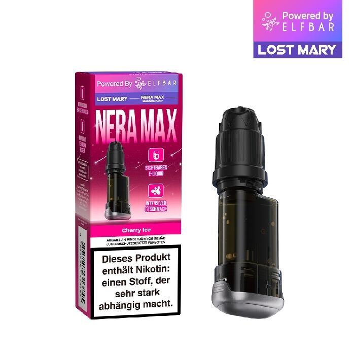Lost-Mary-Nera-Nachfüllbehälter-Cherry-Ice.jpg Lost Mary Nera Max 15K Pods Cherry Ice 20mg Verpackung und Pod, mit Warnhinweis auf Nikotinsucht.