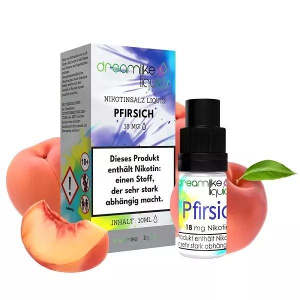 Liquid Pfirsich mit 18mg Nikotin von Dreamlike Liquids Dreamlike Nikotinsalz Pfirsich 18 mg Packung und Fläschchen, Pfirsiche im Hintergrund, Nikotinwarnhinweis auf der Packung