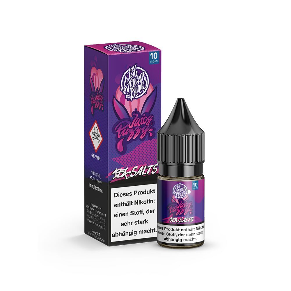 187 Strassenbande Liquid - Juicy Puzzy 10mg E-Flüssigkeit 187 Strassenbande Juicy Puzzy 10mg Flasche und Karton, Warntext enthält Nikotin, auffälliges lila Design mit Totenkopf-Symbol.