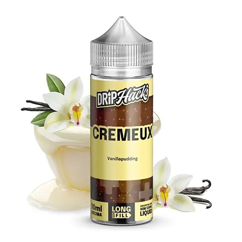 Aroma Cremeux von Drip Hacks Drip Hacks Aroma Cremeux Flasche mit Vanillepudding-Geschmack, daneben Vanilleblüten und Schoten.
