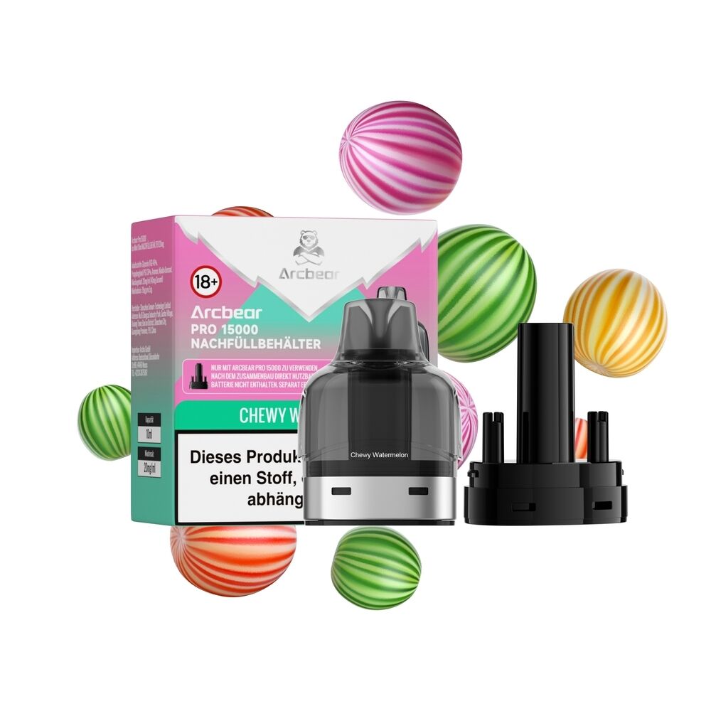 Arcbear Pro 15000 Pods - Chewy Watermelon 20mg Arcbear Pro 15000 Pods in der Geschmacksrichtung Chewy Watermelon mit Verpackung und Zubehörteilen, umgeben von bunten runden Objekten.