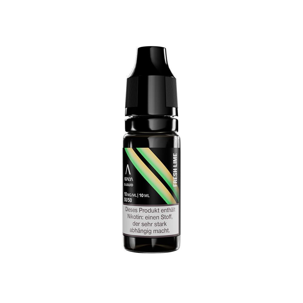 Liquid Fresh Lime 10mg - Adalya Nikotinsalz Schwarze Flasche mit Adalya Nikotinsalz-Label, Fresh Lime 10mg, entworfen mit grün-gelben Streifen, Warnhinweis enthält Nikotin.