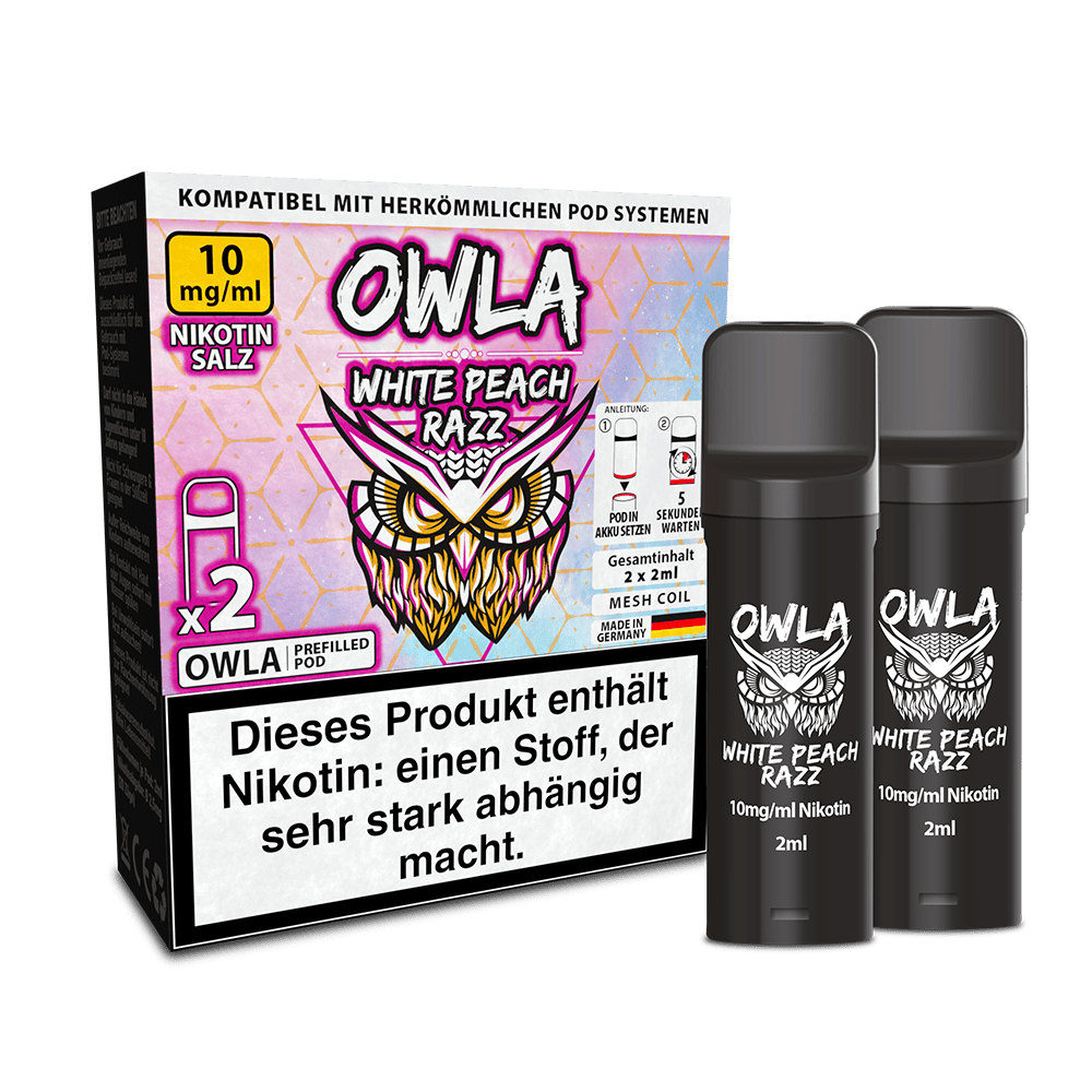 Owla Pods White Peach Razz 10mg Verpackung und zwei schwarze Pods, jeweils mit Eulenlogo und Nikotin-Hinweis.