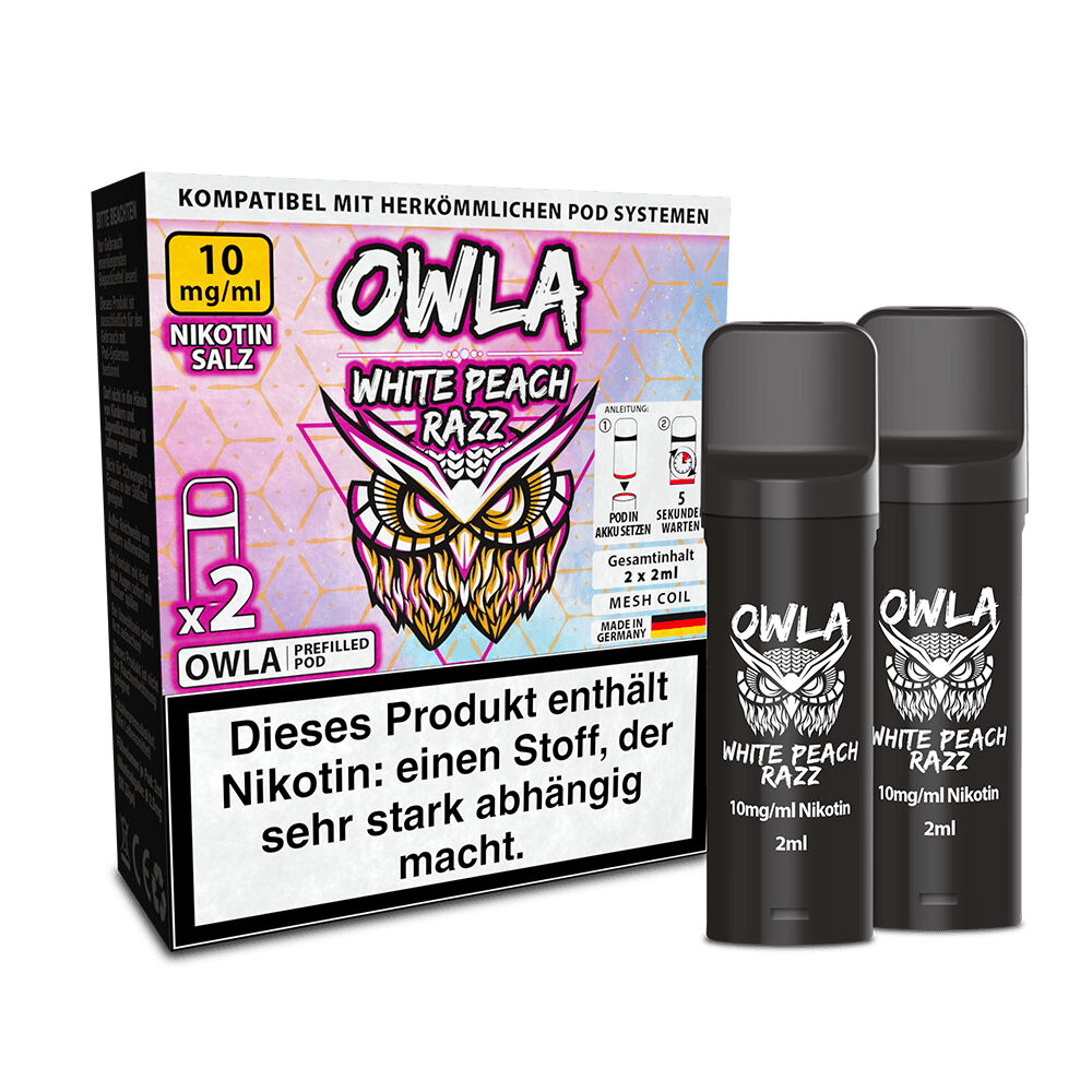 Owla Pods - White Peach Razz 10mg Owla Pods White Peach Razz 10mg Verpackung und zwei schwarze Pods, jeweils mit Eulenlogo und Nikotin-Hinweis.