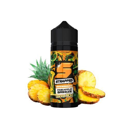 Aroma Pineapple Breeze - Strapped Flasche Strapped Aroma Pineapple Breeze vor Ananasstücken, Etikett mit tropischem Design und Schriftzug "10% Aroma".
