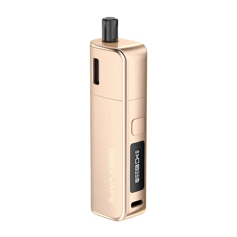 Geekvape S30 Pod Kit in der Farbe Rose Geekvape S30 Pod Kit in Roségold mit schwarzem Mundstück, seitlichem Sichtfenster, Display und Schriftzug entlang der Seite