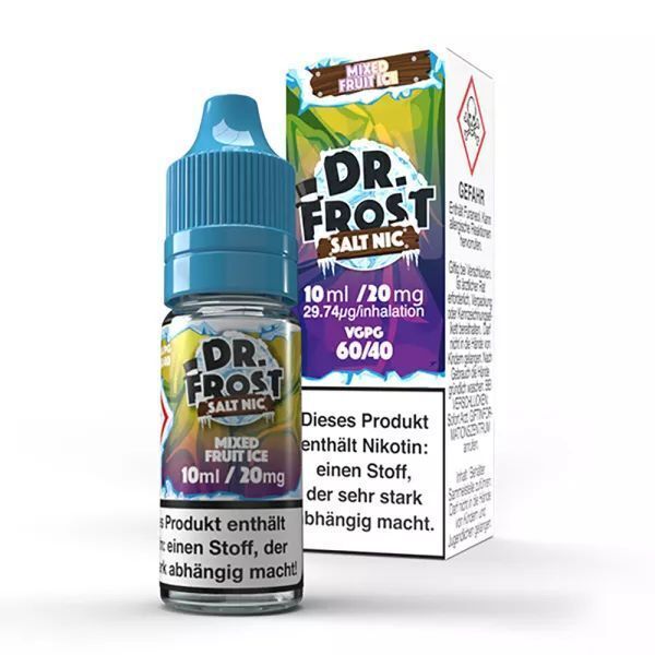 Liquid Mixed Fruit mit 20mg Nikotin von Dr. Frost Dr. Frost Nikotinsalz Mixed Fruit 20mg Flasche vor Verpackung, blaue Verschlusskappe, Warnhinweise, 60/40 VG/PG Verhältnis