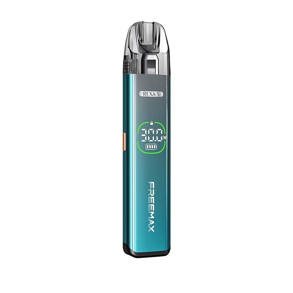 Freemax Rexa S Pod Kit - Cyan Freemax Rexa S Pod Kit in Cyan mit Display, das 30W und Batteriestand zeigt.
