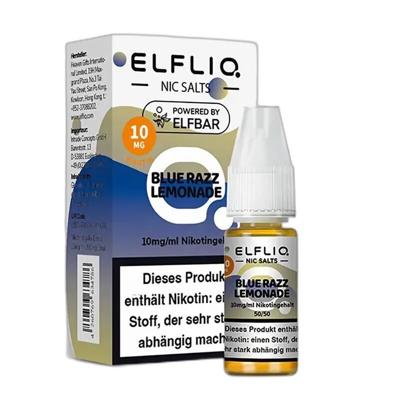 Elfliq Nikotinsalz - Blue Razz Lemonade 10mg Elfliq Blue Razz Lemonade Nikotinsalz 10mg Flasche und Verpackung, mit sichtbarem Warnhinweis über Nikotingehalt