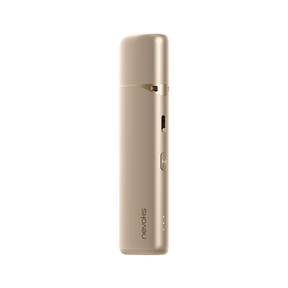 Nevoks Feelin AG Pod Kit in Gold, schlanke Form mit edler Oberfläche, hervorgehobene Bedienelemente und Markenlogo seitlich sichtbar