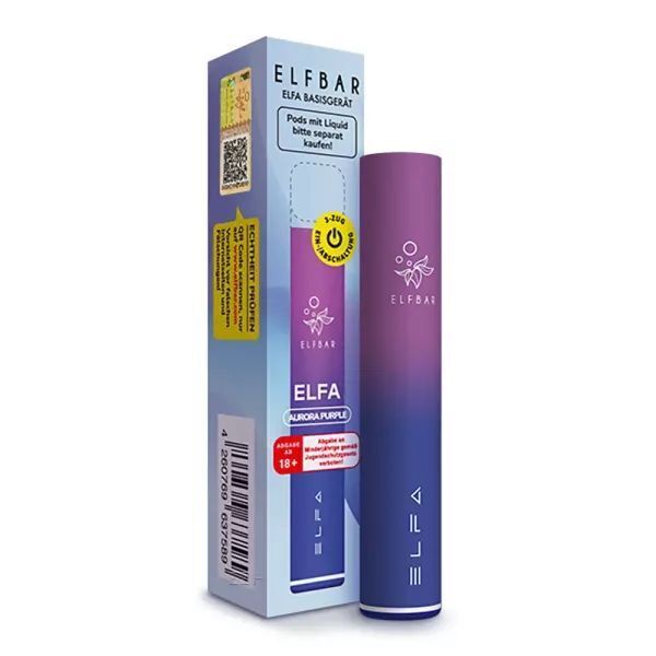 Elf Bar Elfa Prefilled Pod Kit in der Farbe Aurora Purple Elfbar ELFA Akku in Aurora Purple mit orangefarbenem Logo, stehend vor der Verpackung mit Text „Pods mit Liquid bitte separat kaufen“