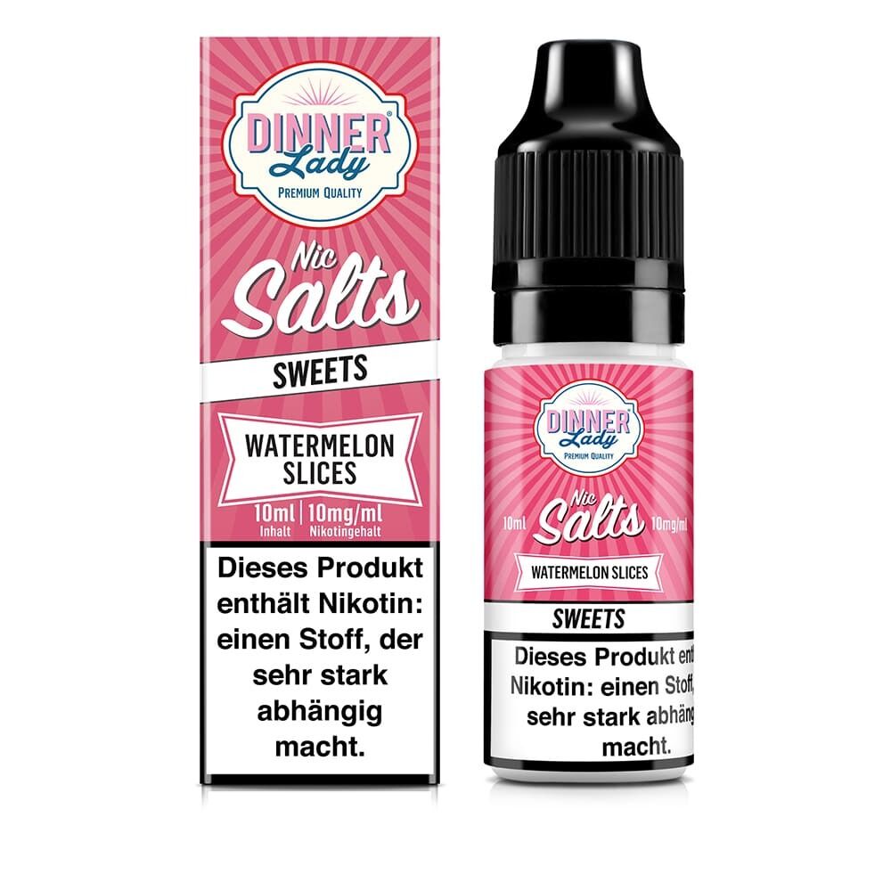 Liquid Watermelon Slices mit 10mg Nikotin von Dinner Lady Dinner Lady Nikotinsalz Watermelon Slices 10mg Flasche und Verpackung mit Warnhinweis, rosa-weißes Design, 10ml Inhalt.