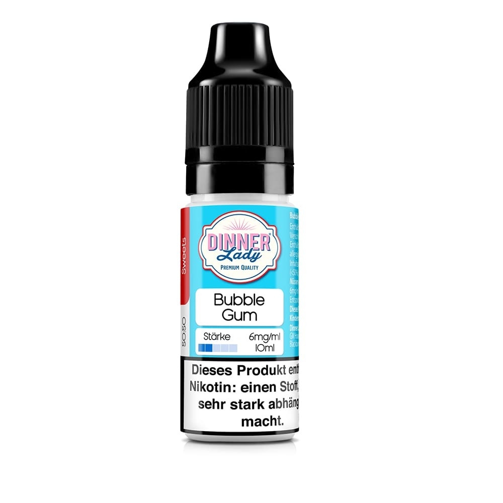 Dinner Lady Liquid Flasche mit Bubblegum-Geschmack, 6mg Nikotin, 10ml, Warnhinweis über Nikotingehalt, schwarzer Verschluss