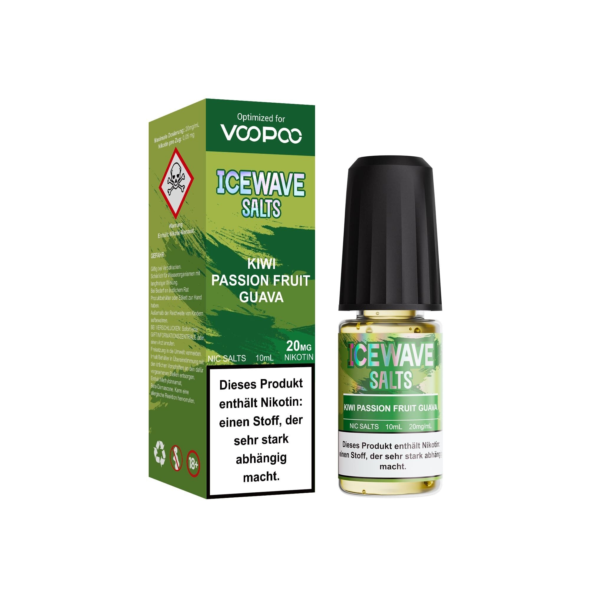 Icewave Nikotinsalz - Kiwi Passion Fruit Guava 20mg Icewave Salts Kiwi Passion Fruit Guava 20mg Nikotinsalzflasche und Verpackung mit Warnhinweis und Voopoo-Logo auf grünem Hintergrund