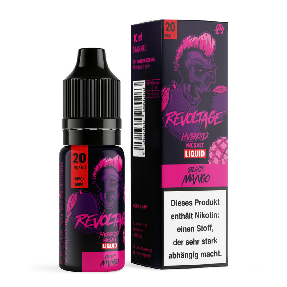 revoltage-hybrid-liquid-black-mango E-Liquid-Flasche Revoltage Hybrid Nicsalt Liquid Black Mango mit Totenkopf-Design und Text: "Dieses Produkt enthält Nikotin"