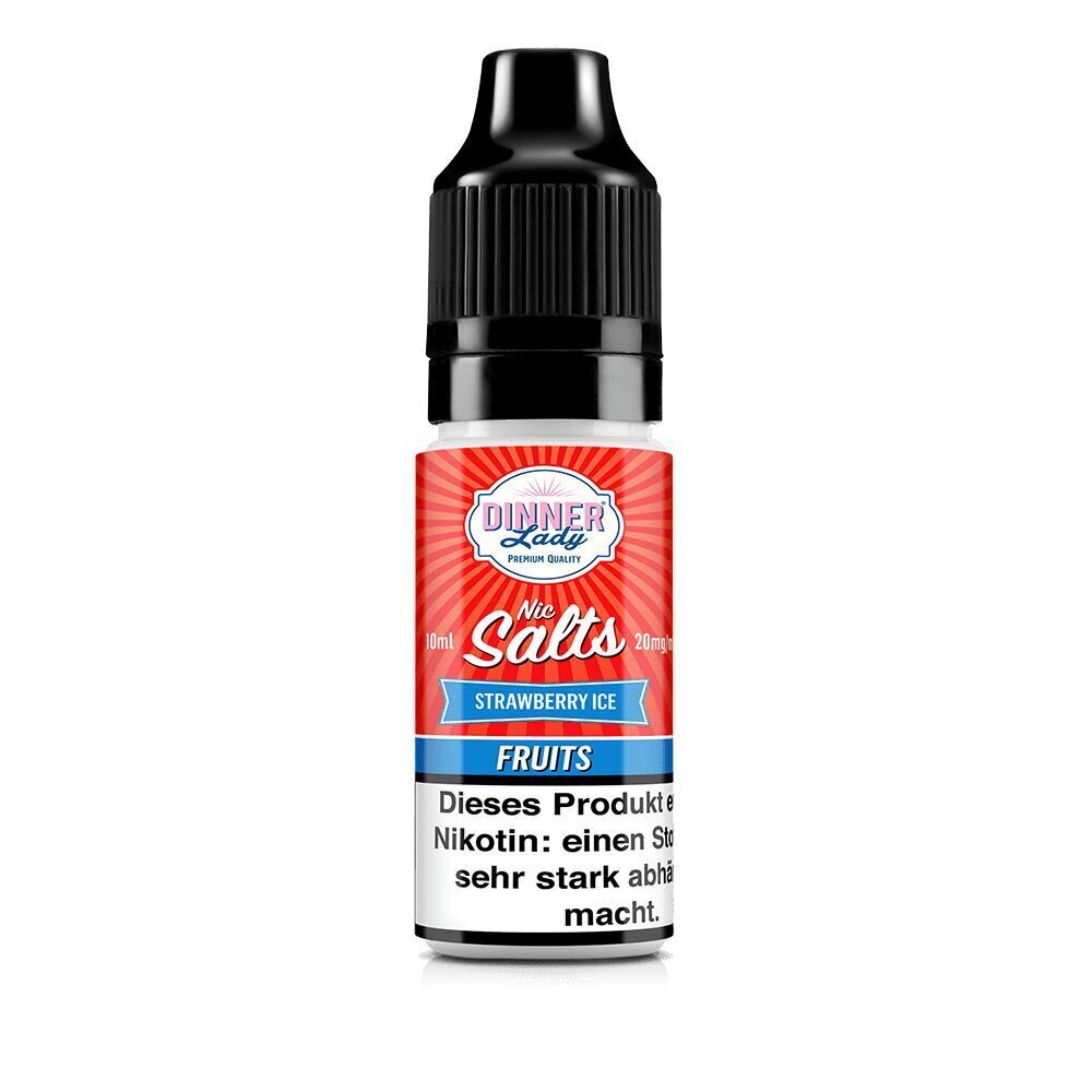 Flasche Dinner Lady Nic Salts Strawberry Ice 20 mg, rot-weißes Etikett, enthält Nikotin, Warnhinweis unten sichtbar.