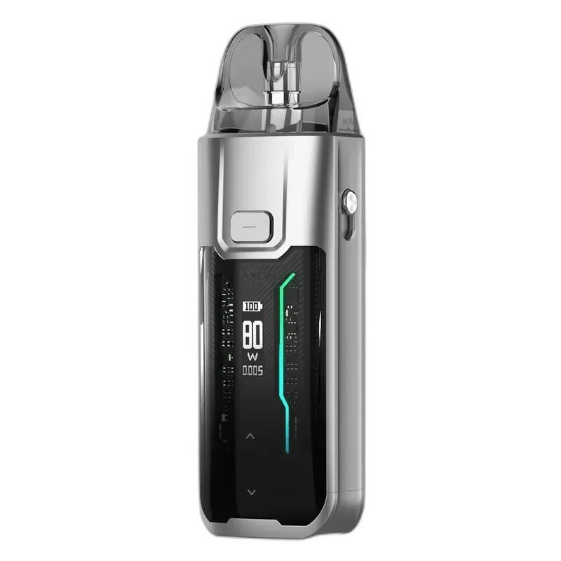 Vaporesso Luxe XR Max Pod Kit Silver mit Display zeigt 80W, Batteriestand, silbernes Gehäuse und transparentem Mundstück