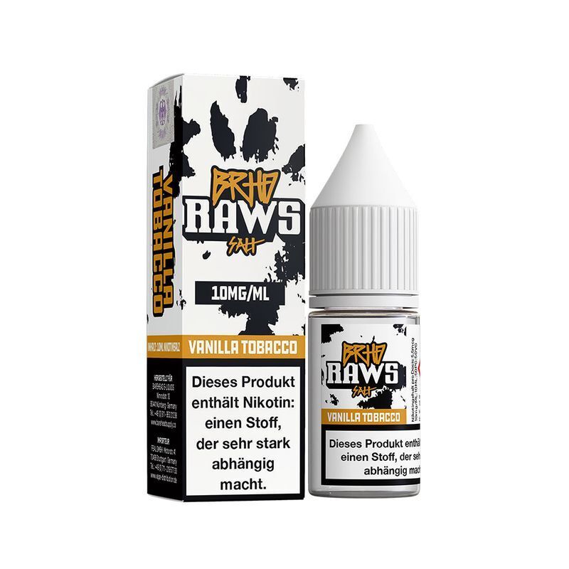 Liquid Vanilla Tobacco von BRHD BRHD Raws Nikotinsalz Vanilla Tobacco 10mg/ml Flasche und Verpackung, Texte über Nikotinsuchtgefahr sichtbar