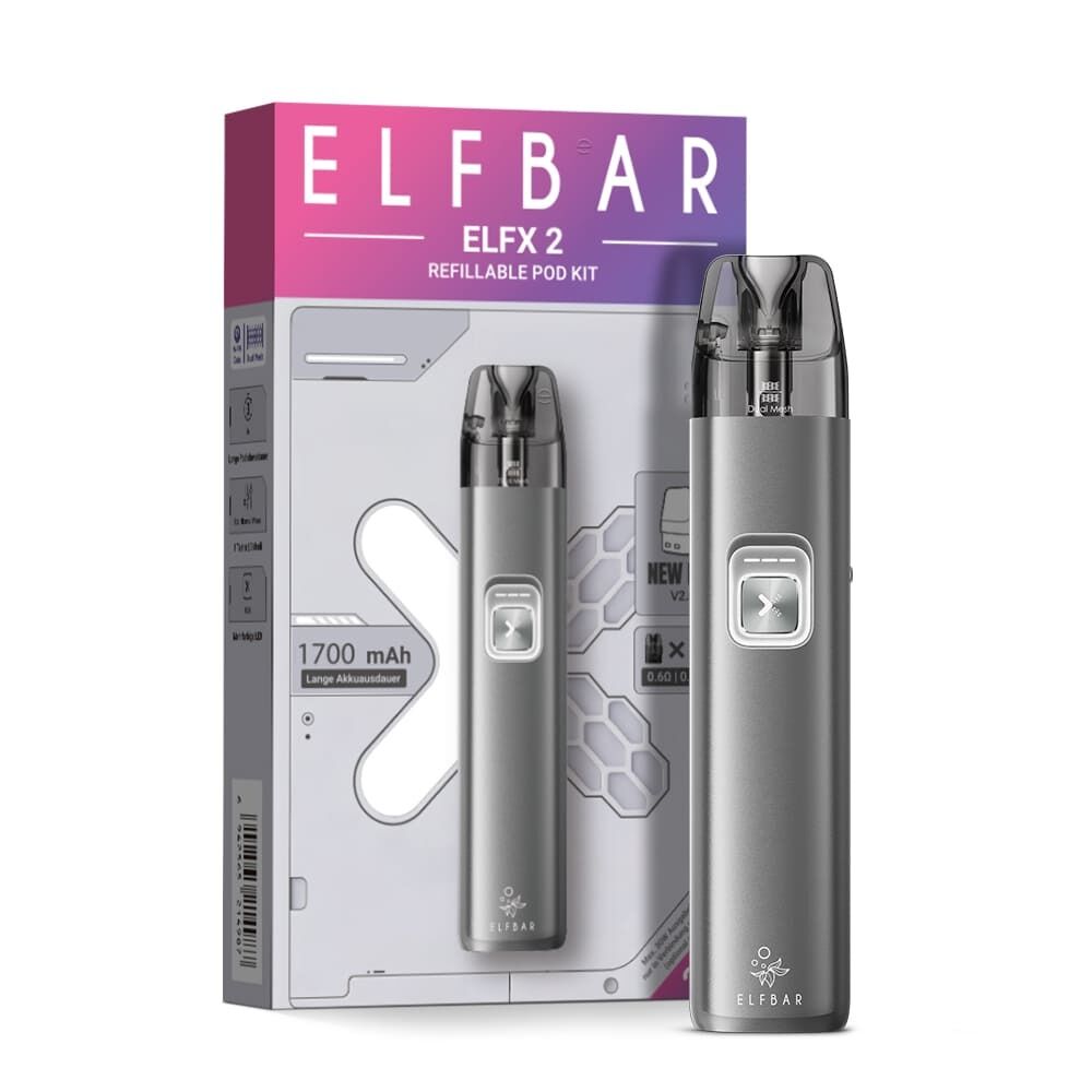 Elfbar Elfx 2 Pod Kit in Space Grey vor Verpackung mit 1700 mAh Akkukapazität und hervorgehobenen Designmerkmalen.