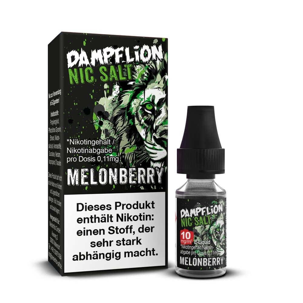 Liquid Melonberry von Dampflion Intense Dampflion Intense Nikotinsalz Melonberry 10mg, Flasche und Packung mit grün-schwarzem Löwen-Design, weiße Warnungstextbox.