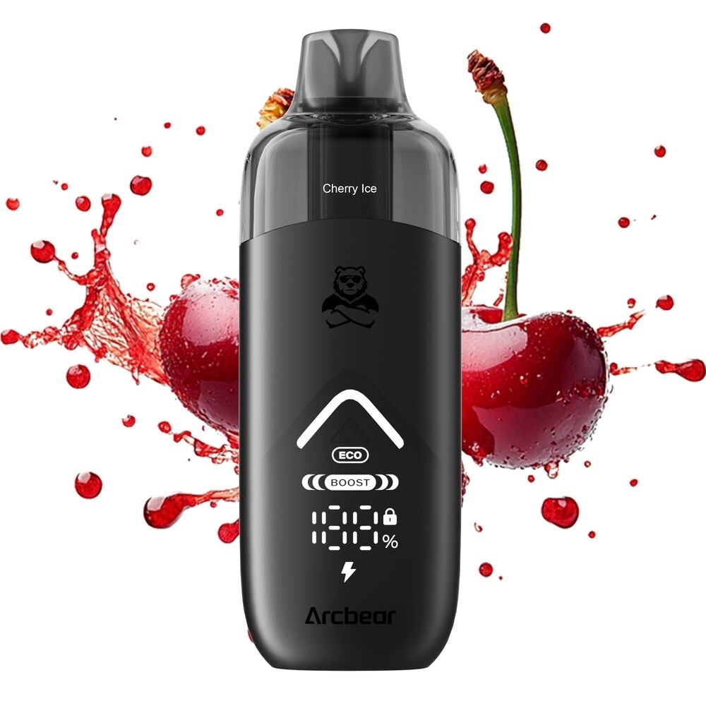 Arcbear Pro 15000 Set - Cherry Ice 20mg Arcbear Pro 15000 Set - Cherry Ice 20mg E-Zigarette mit schwarzem Gehäuse, bear-Logo und digitaler Anzeige vor spritzenden Kirschen.