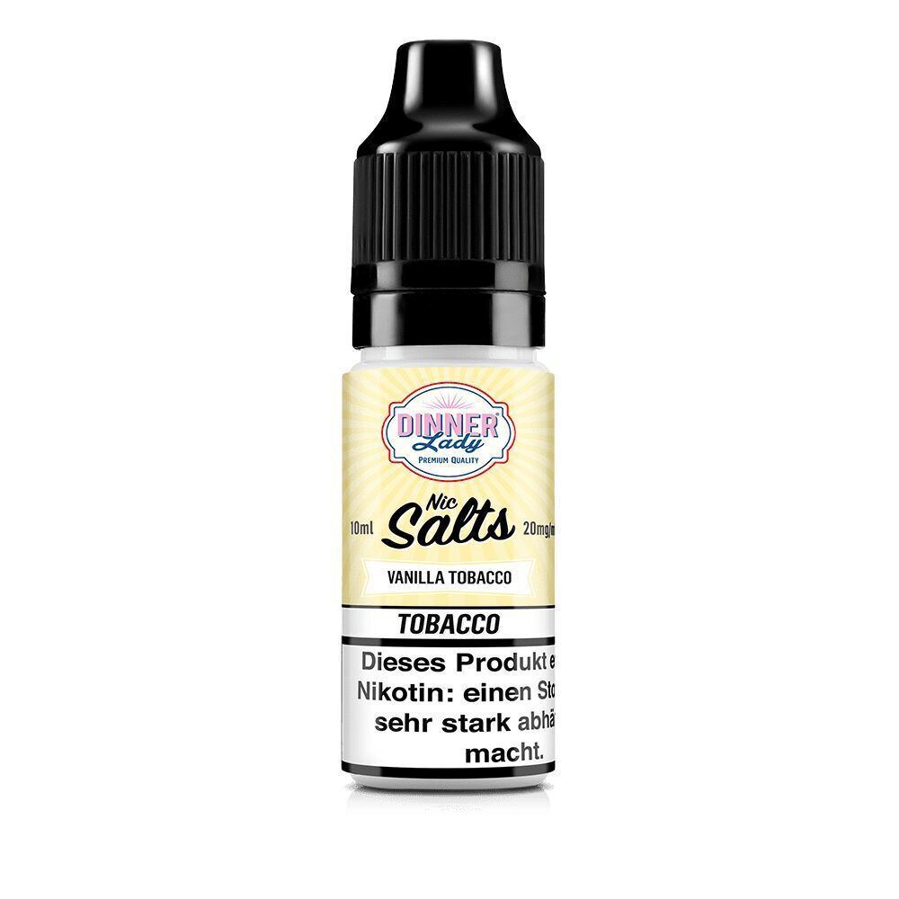 Flasche mit schwarzem Verschluss, Aufschrift Dinner Lady Nic Salts, Vanilla Tobacco, und Warnhinweis zu Nikotininhalt