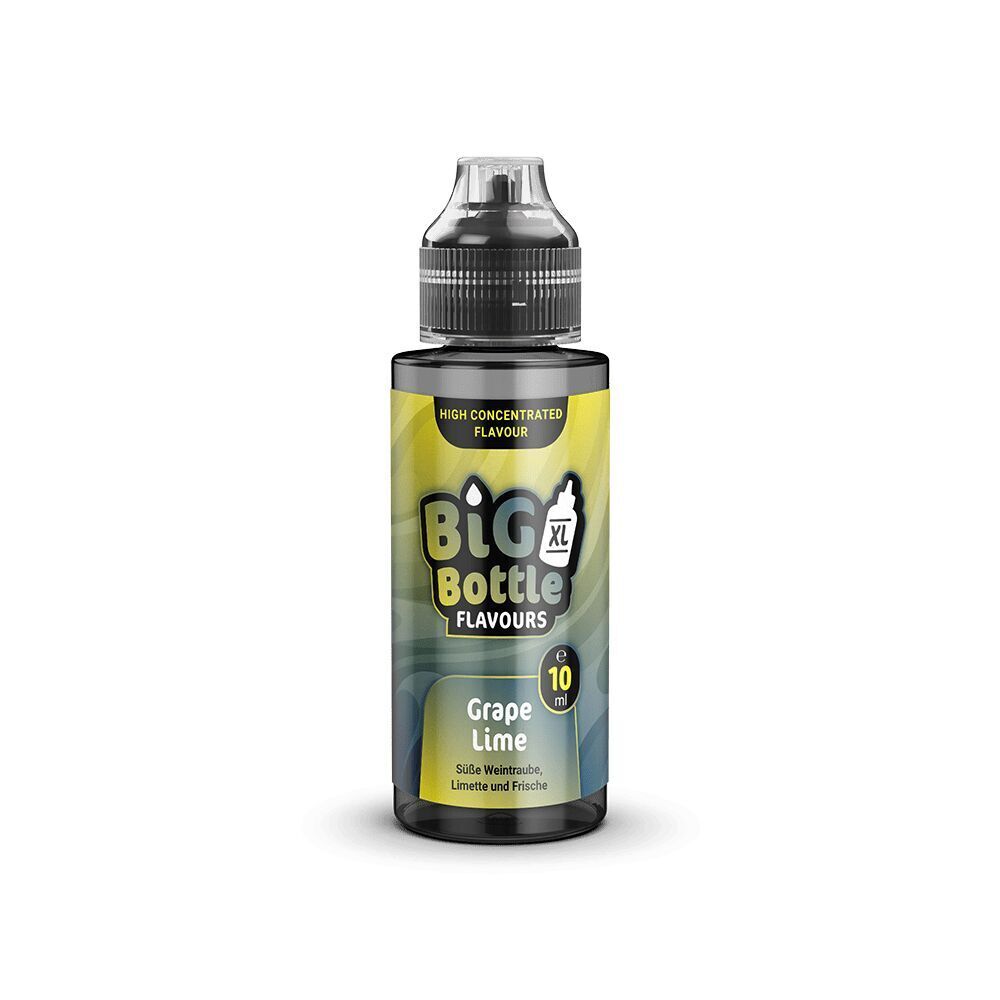 Big Bottle Flavours Aroma - Grape Lime Flasche mit Big Bottle Flavours Aroma, Grape Lime, 10 ml, abgebildet mit blauer und gelber Etikettierung, zeigt süße Weintraube und Limette