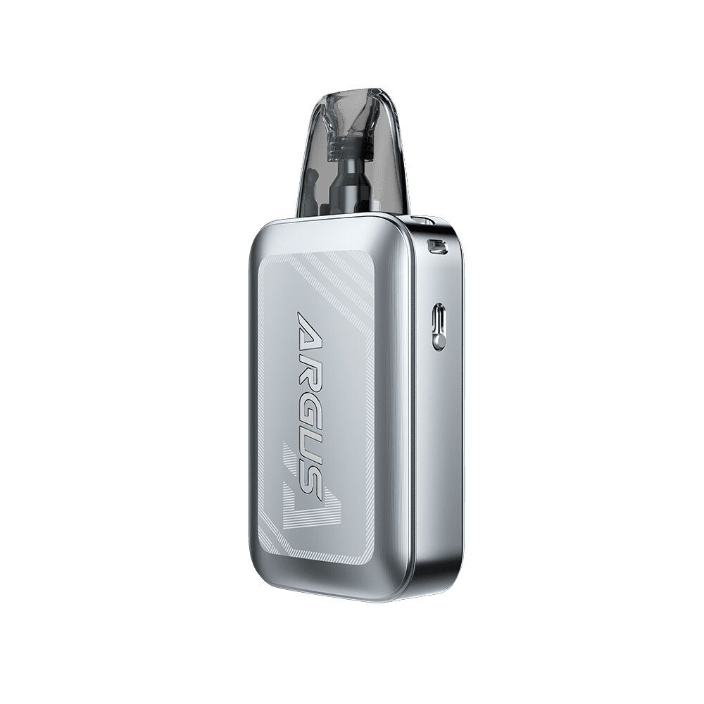 Voopoo Argus A Pod Kit in Storm Silver mit abgerundeten Ecken, transparentem Pod, seitlichem USB-Anschluss und dem Schriftzug "ARGUS".