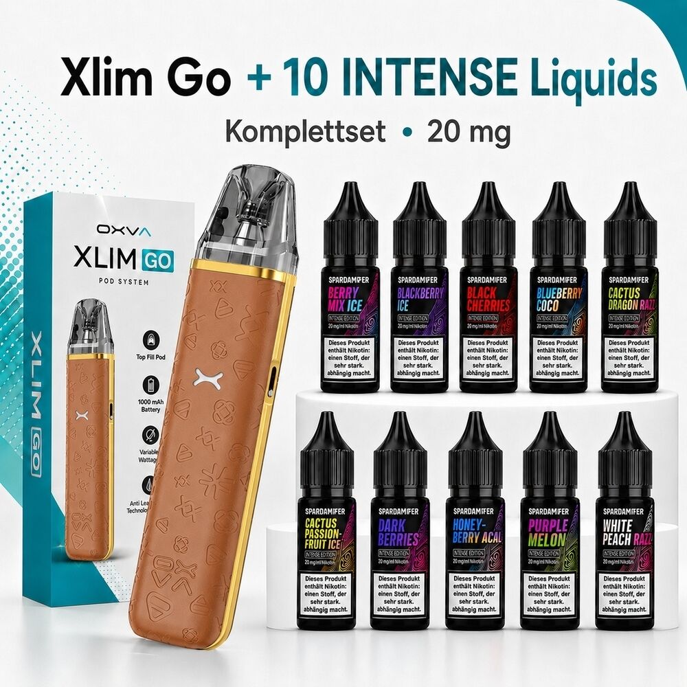 OXVA Xlim Go Komplettset – 10 INTENSE Liquids (20 mg) OXVA Xlim Go in Light Brown mit pod system, umgeben von zehn SparDampfer Liquids in verschiedenen Geschmacksrichtungen á 20 mg