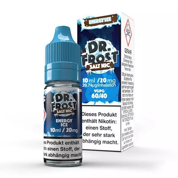 Liquid Energy Ice mit 20mg Nikotin von Dr. Frost Dr. Frost Nikotinsalz Energy Ice 10ml Flasche und Verpackung mit blauer Verschlusskappe und Warnhinweisen auf der Verpackung