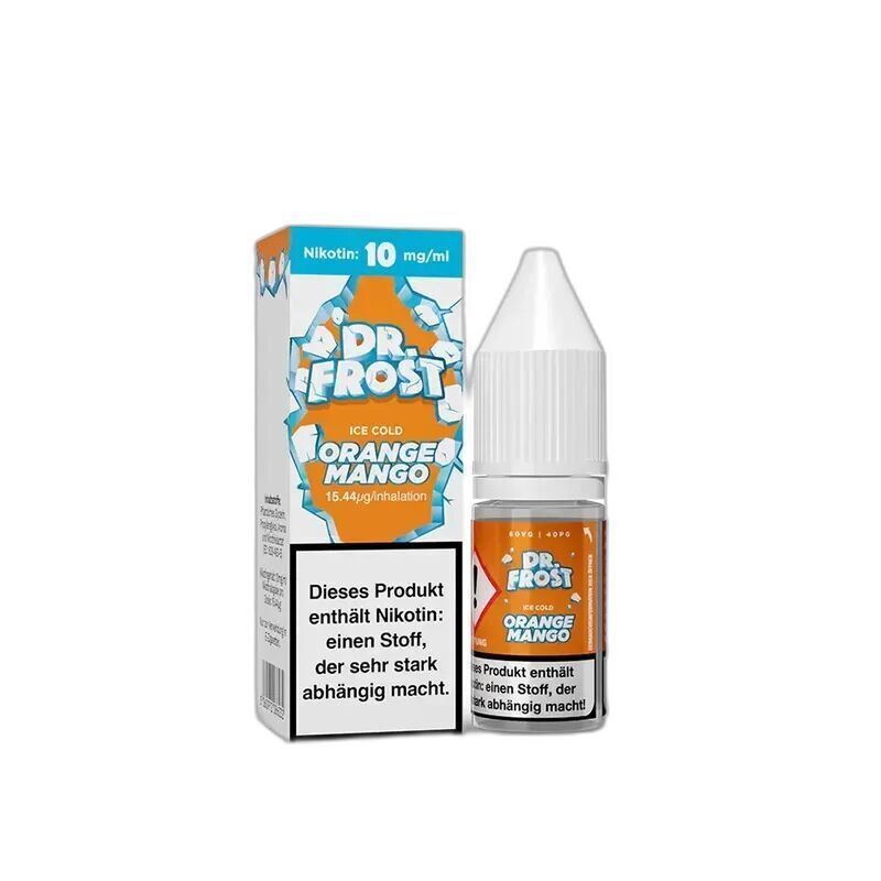 Dr. Frost Nikotinsalz - Ice Cold Orange & Mango 10mg Dr. Frost Nikotinsalz Ice Cold Orange Mango 10mg, E-Liquid-Flasche neben Verpackung mit orangefarbenem Design und Nikotinwarnung.