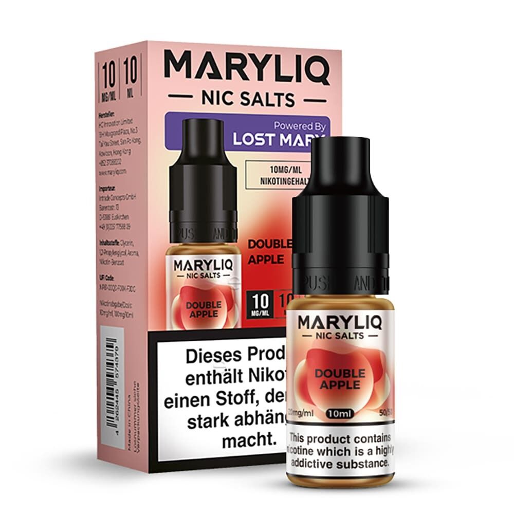 Maryliq Nikotinsalz - Double Apple Flasche und Verpackung mit 10 mg/ml Nikotingehalt, Warnhinweis auf Abhängigkeitsrisiko sichtbar.
