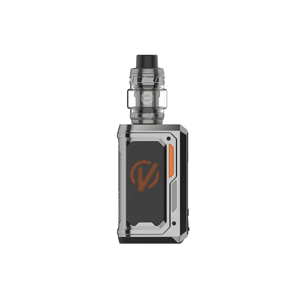 Vaporesso Armour Octa Kit in Titanium Grey, E-Zigarette mit orangefarbenen Akzenten und sichtbarem Glas-Tank