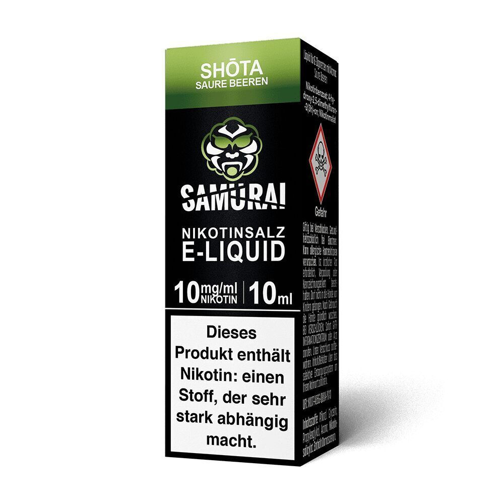 Liquid Shota Saure Beeren 10mg - Samurai Samurai Nikotinsalz E-Liquid "Shota Saure Beeren" 10mg/ml, 10ml Flasche mit Warnhinweis zu Nikotinabhängigkeit und Gefahrensymbol.