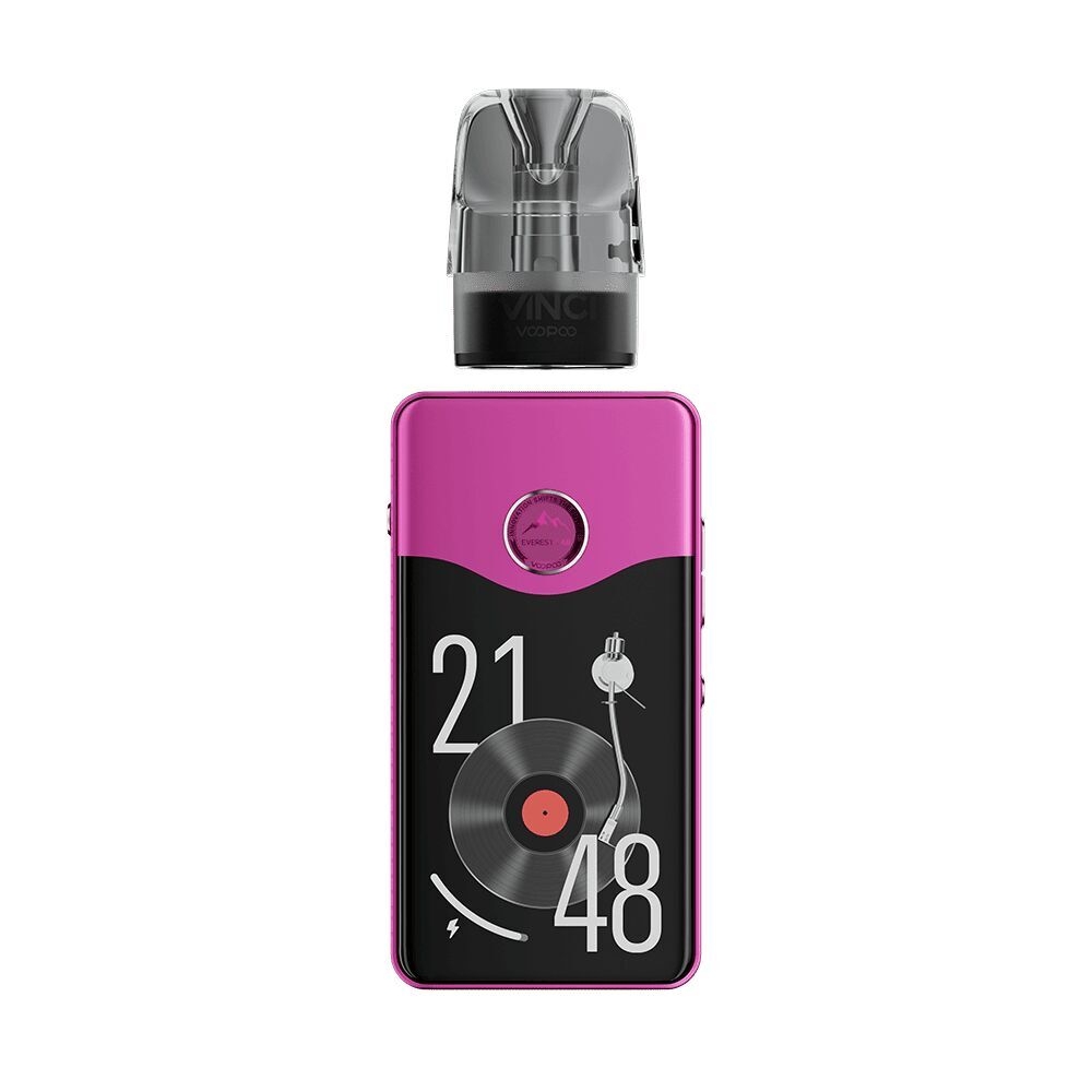 Voopoo Vinci E120 Pod Kit in Rose Red mit schwarzem Display zeigt große Zahlen und ein Plattenspieler-Design, obere Pod-Einheit sichtbar.