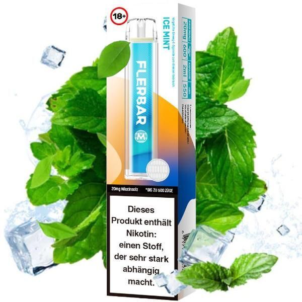 Ice Mint mit 20mg Nikotin Flerbar E-Shisha Flerbar Ice Mint 20mg Einweg-E-Zigarette mit mintfarbenem Design, 18+ Symbol, umgeben von Eiswürfeln und Minzblättern, enthält Nikotin.