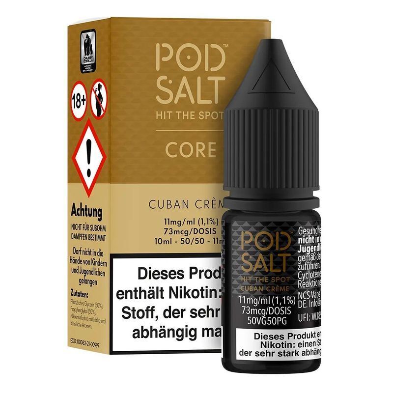Liquid Bano Creme von Pod Salt Core Pod Salt Core Nikotinsalz in der Geschmacksrichtung Cuban Crème, 11mg/ml Nikotin, Flasche und Verpackung mit Warnhinweisen für Erwachsene ab 18 Jahren.